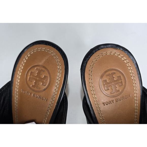 TORY BURCH Black Leather Raya Heels Mules Wooden Heel Peep Toe sz 8.5 - Picture 4 of 10